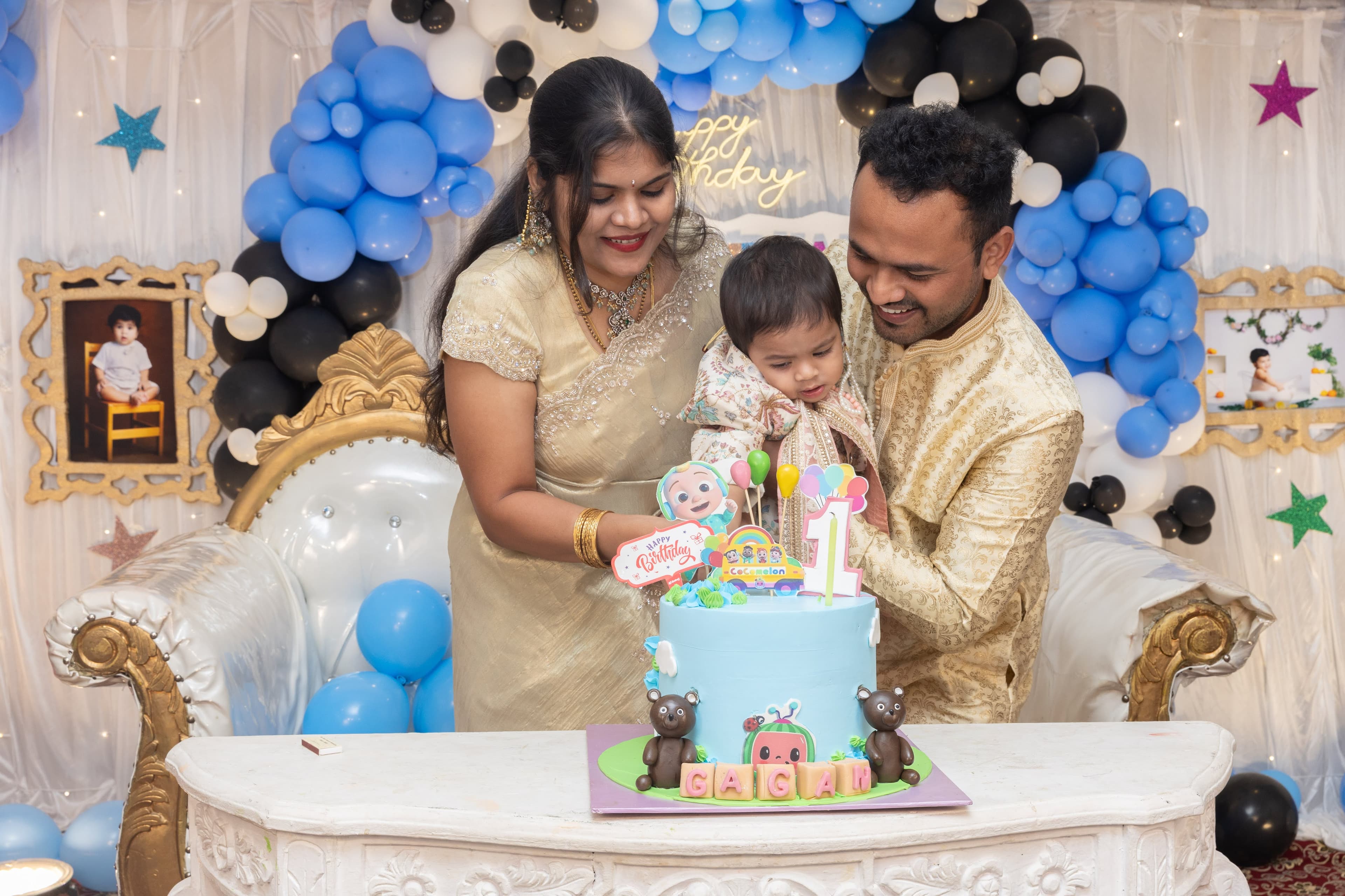 Family with child at Cocomelon themed birthday celebration