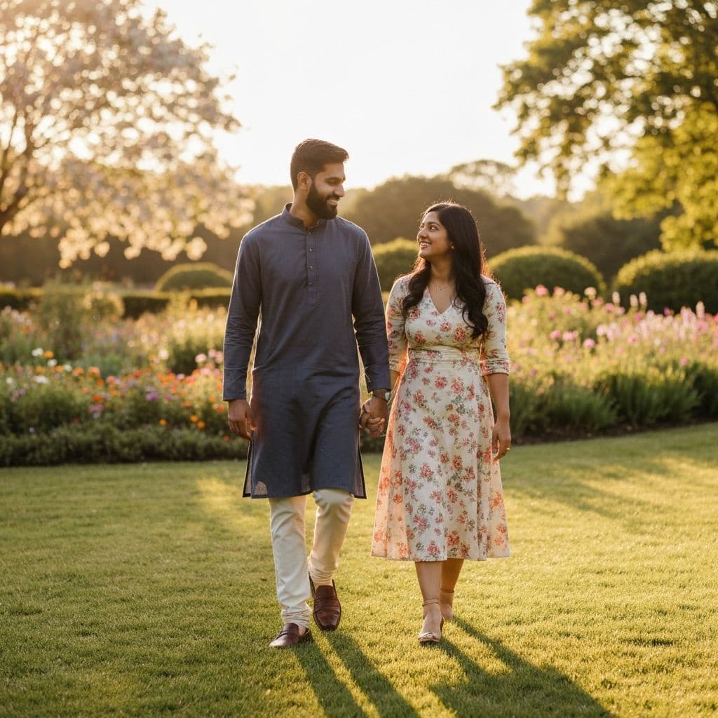 A couple walking hand in hand at golden hour
