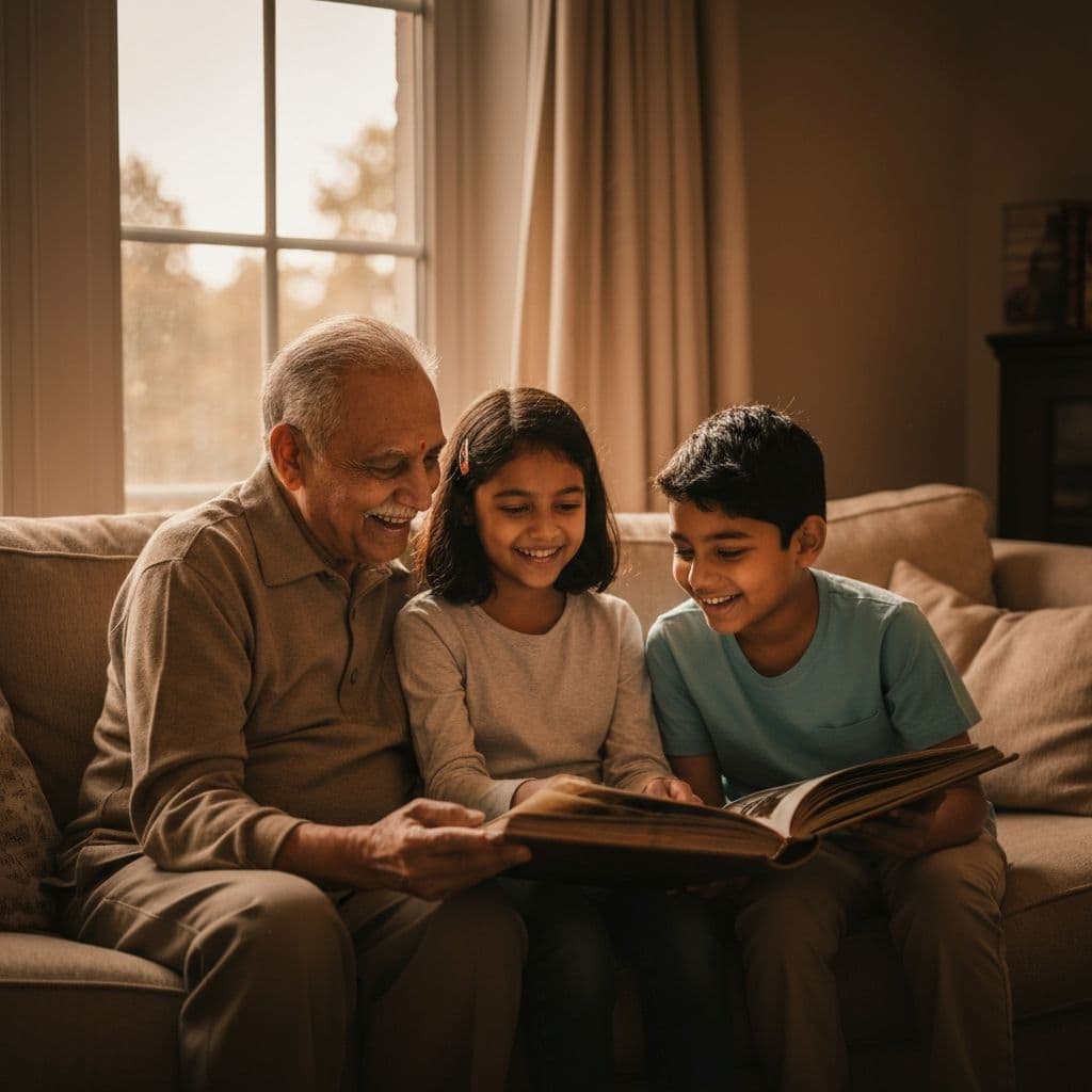 A family gathered together looking at photographs
